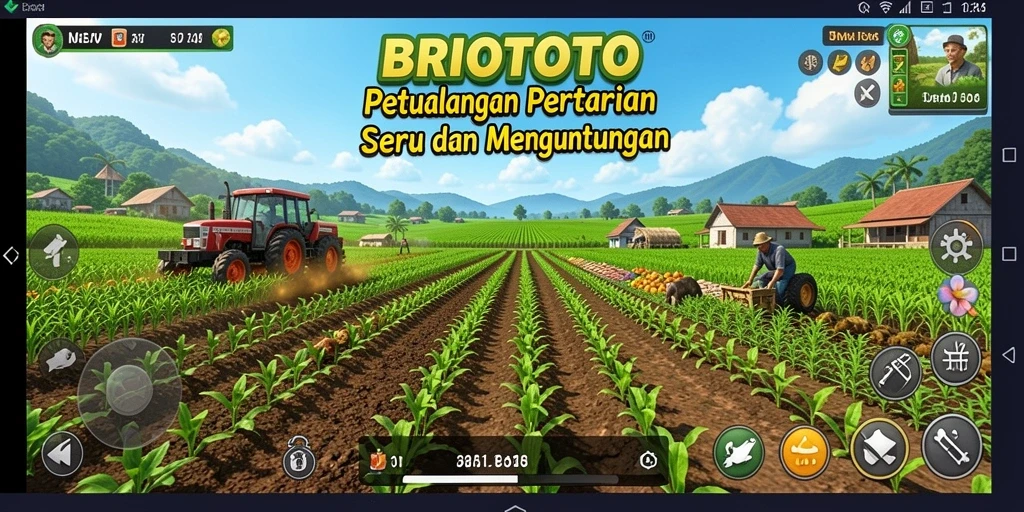 Screenshot utama BRIOTOTO menampilkan aksi bertani yang menarik dan berwarna-warni.