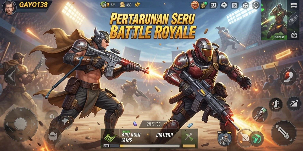 Screenshot GAYO138 menampilkan aksi pertempuran intens di medan Battle Royale.