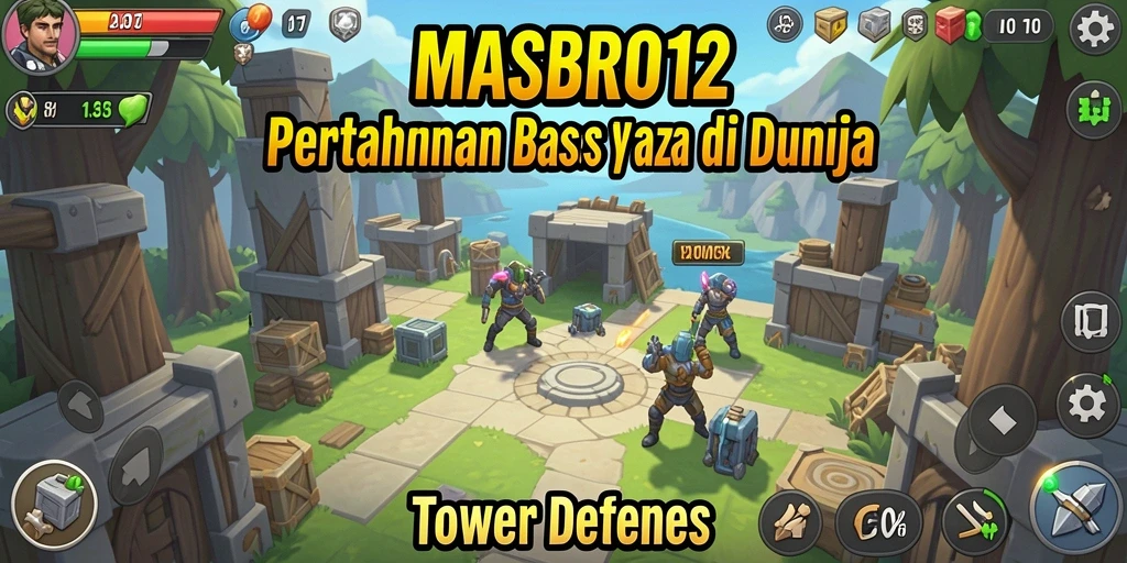 Screenshot gameplay MASBRO12 menampilkan aksi Tower Defense yang mendebarkan.
