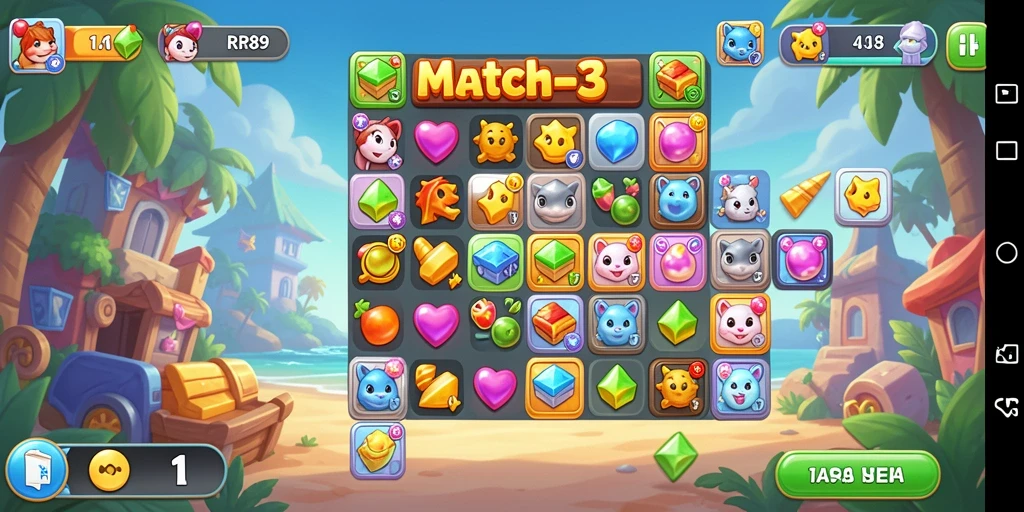 Tampilan gameplay RR89 yang menampilkan permata berwarna dan strategi mencocokkan.