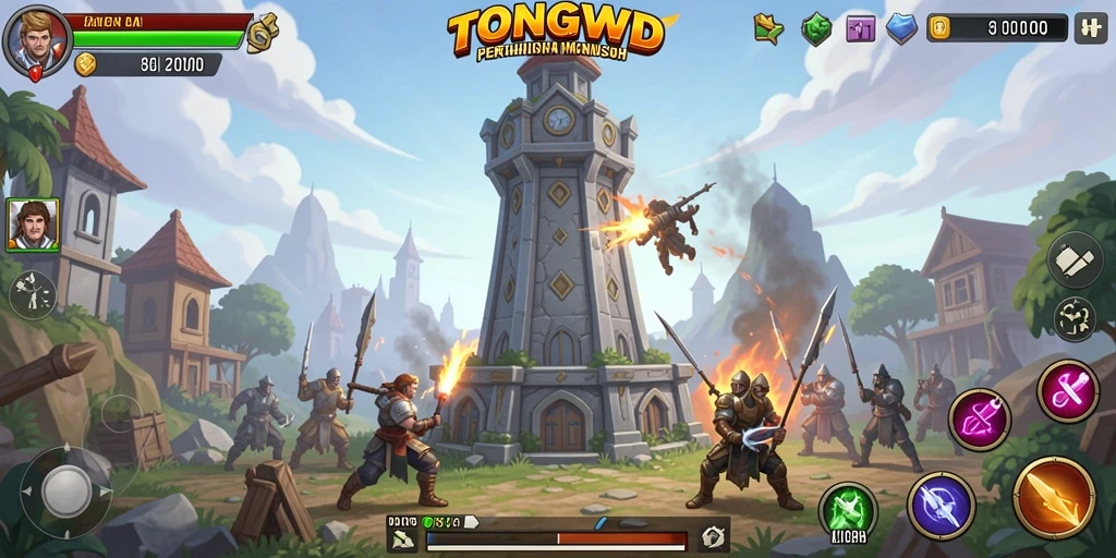 Gameplay menegangkan TONGWD dengan menara dan serangan musuh.